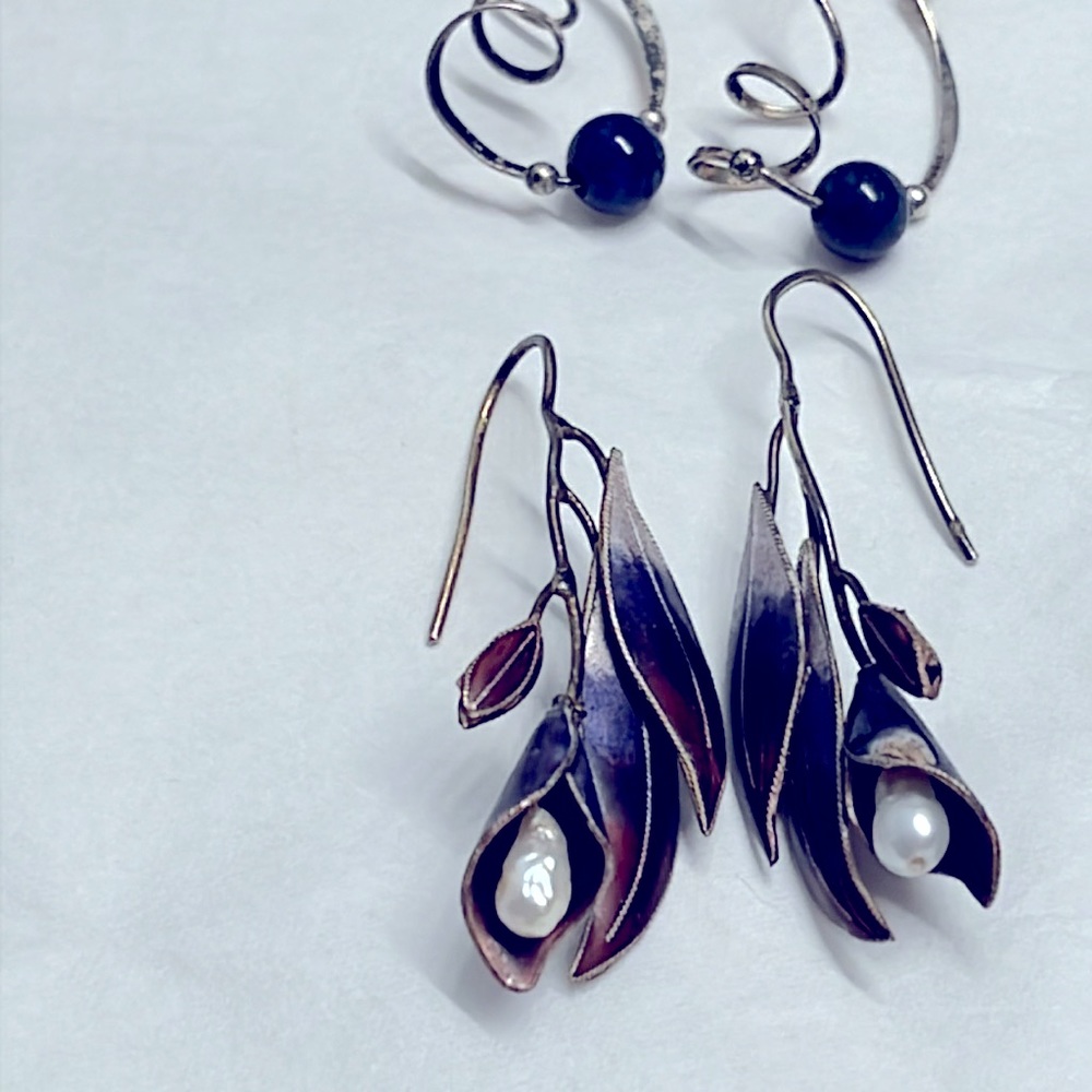 Two pairs of whimsical Earrings flowers and pearls with enamel .925